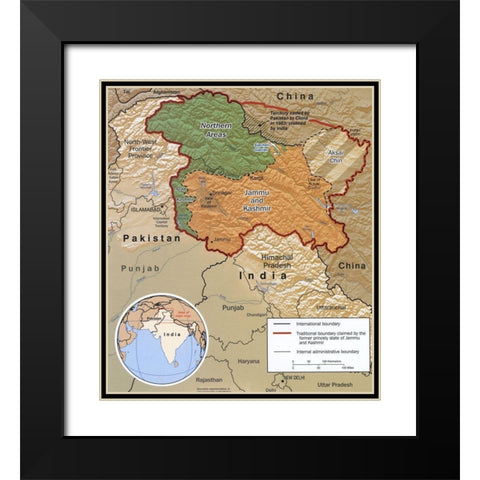 Disputed Area of Kashmir 2002 Black Modern Wood Framed Art Print with Double Matting by Vintage Maps