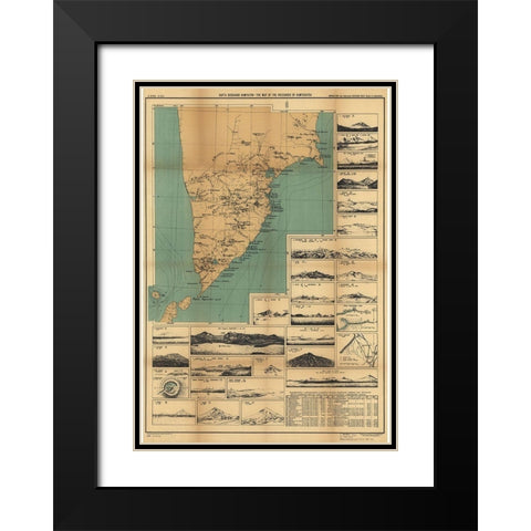 Map of the Volcanoes in Kamchatka II Black Modern Wood Framed Art Print with Double Matting by Vintage Maps