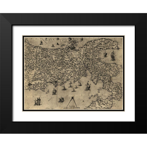 Naples 1568 Black Modern Wood Framed Art Print with Double Matting by Vintage Maps