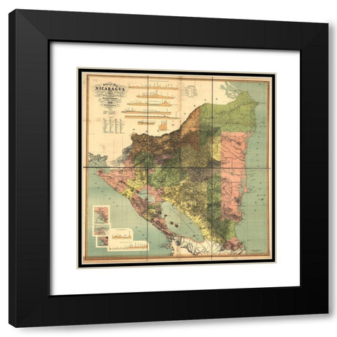 Nicaragua Isthmus Canal 1898 Black Modern Wood Framed Art Print with Double Matting by Vintage Maps