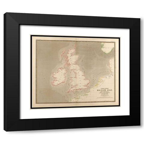 British Isles Waves High Water and Tides Black Modern Wood Framed Art Print with Double Matting by Vintage Maps