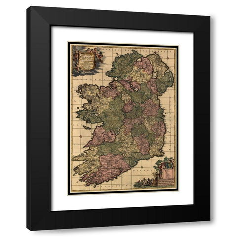 Ireland 1750 Black Modern Wood Framed Art Print with Double Matting by Vintage Maps