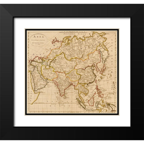 Asia 1814 Black Modern Wood Framed Art Print with Double Matting by Vintage Maps