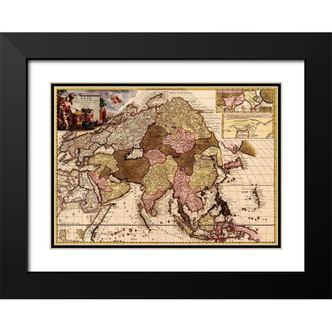 Asia 1680 Black Modern Wood Framed Art Print with Double Matting by Vintage Maps