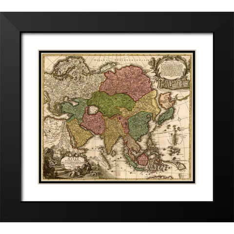 Asia 1725 Black Modern Wood Framed Art Print with Double Matting by Vintage Maps