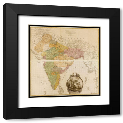 India Hindustan 1782 Black Modern Wood Framed Art Print with Double Matting by Vintage Maps
