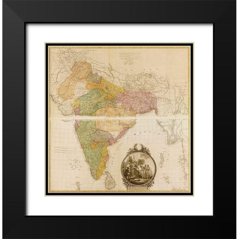 India Hindustan 1782 Black Modern Wood Framed Art Print with Double Matting by Vintage Maps