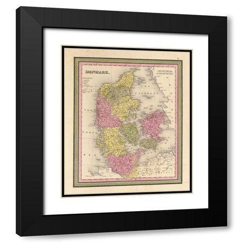 Denmark 1849 Black Modern Wood Framed Art Print with Double Matting by Vintage Maps