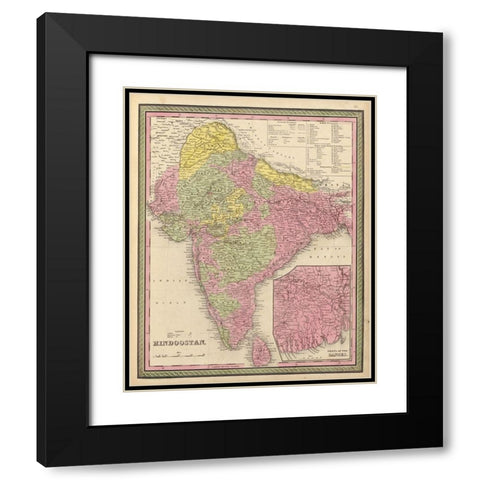 Hindustan 1849 Black Modern Wood Framed Art Print with Double Matting by Vintage Maps