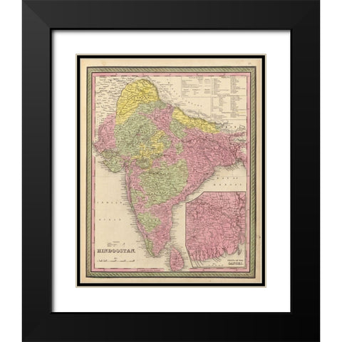 Hindustan 1849 Black Modern Wood Framed Art Print with Double Matting by Vintage Maps