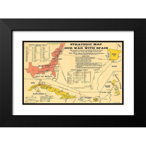 Strategic Map of Our War with Spain 1898 Black Modern Wood Framed Art Print with Double Matting by Vintage Maps