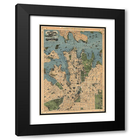 Aeroplane map of Sydney Australia 1922 Black Modern Wood Framed Art Print with Double Matting by Vintage Maps