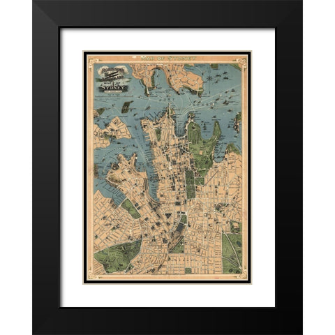 Aeroplane map of Sydney Australia 1922 Black Modern Wood Framed Art Print with Double Matting by Vintage Maps