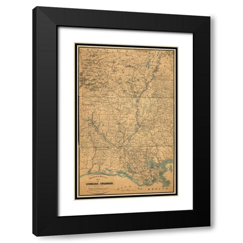 Louisiana and Arkansas Black Modern Wood Framed Art Print with Double Matting by Vintage Maps