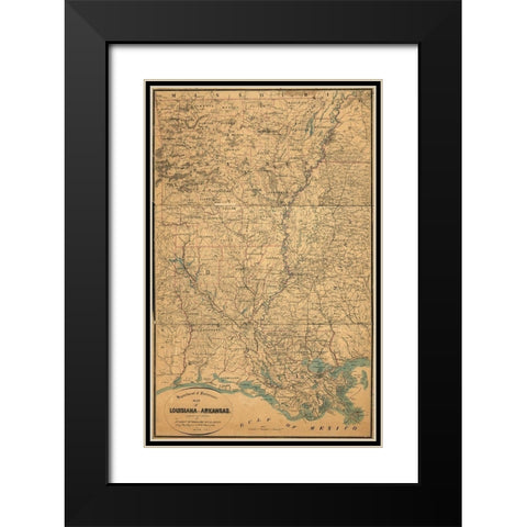 Louisiana and Arkansas Black Modern Wood Framed Art Print with Double Matting by Vintage Maps