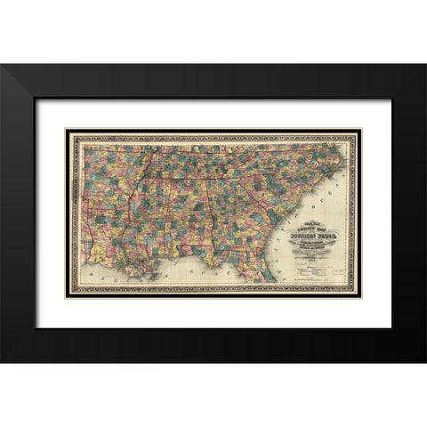 Railway and County Map of the Southern States Black Modern Wood Framed Art Print with Double Matting by Vintage Maps