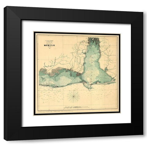 Approaches to Mobile Alabama 1864 Black Modern Wood Framed Art Print with Double Matting by Vintage Maps