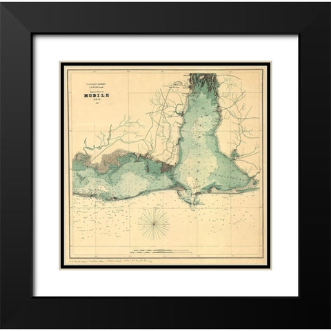 Approaches to Mobile Alabama 1864 Black Modern Wood Framed Art Print with Double Matting by Vintage Maps