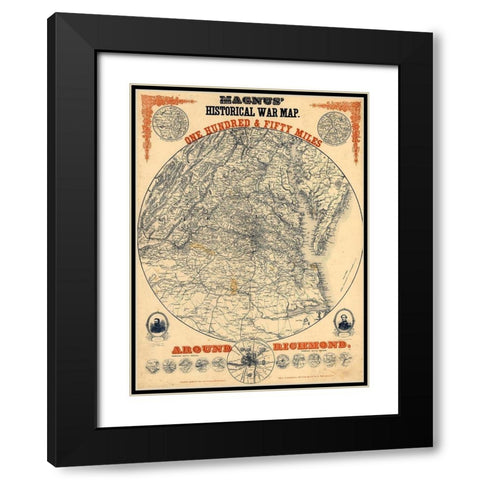 150 Miles Around Richmond 1864 Black Modern Wood Framed Art Print with Double Matting by Vintage Maps