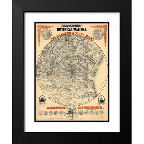 150 Miles Around Richmond 1864 Black Modern Wood Framed Art Print with Double Matting by Vintage Maps