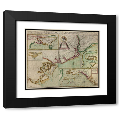 Carolinas in 1711 Black Modern Wood Framed Art Print with Double Matting by Vintage Maps