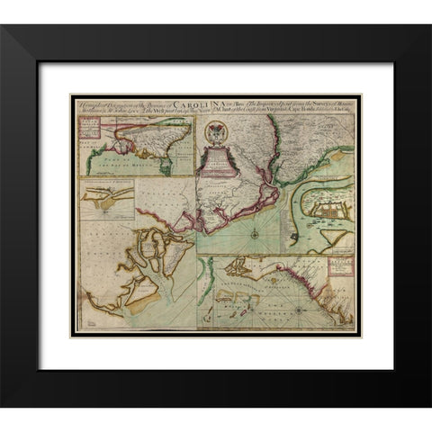 Carolinas in 1711 Black Modern Wood Framed Art Print with Double Matting by Vintage Maps