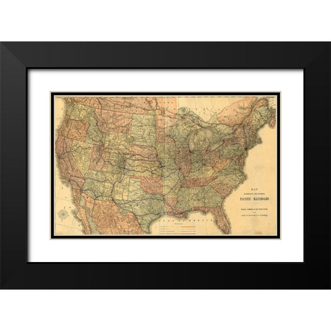 Pacific Railroads of The United States 1883 Black Modern Wood Framed Art Print with Double Matting by Vintage Maps