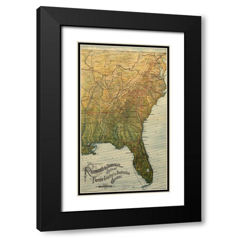 Richmond and Danville 1893 Black Modern Wood Framed Art Print with Double Matting by Vintage Maps