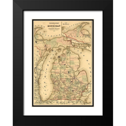 Railroads of Michigan 1874 Black Modern Wood Framed Art Print with Double Matting by Vintage Maps