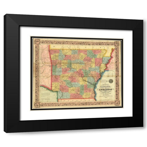 Arkansas 1854 Black Modern Wood Framed Art Print with Double Matting by Vintage Maps