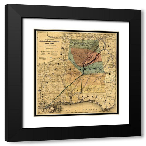 Alabama and Tennessee River Rail Road 1867 Black Modern Wood Framed Art Print with Double Matting by Vintage Maps