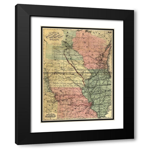 Burlington Cedar Rapids and Minnesota Railway 1868 Black Modern Wood Framed Art Print with Double Matting by Vintage Maps