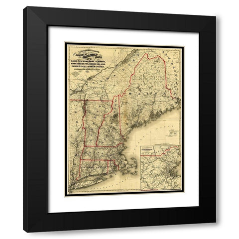 Maine New Hampshire Vermont Massachusetts Rhode Island Connecticut and Lower Canada 1860 Black Modern Wood Framed Art Print with Double Matting by Vintage Maps