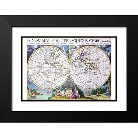 Stereographic Projection of the World with Latitude and Longitudinal lines Black Modern Wood Framed Art Print with Double Matting by Wells, Edward