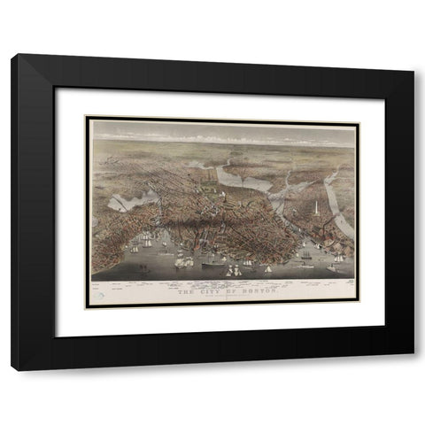 City of Boston Black Modern Wood Framed Art Print with Double Matting by Currier and Ives