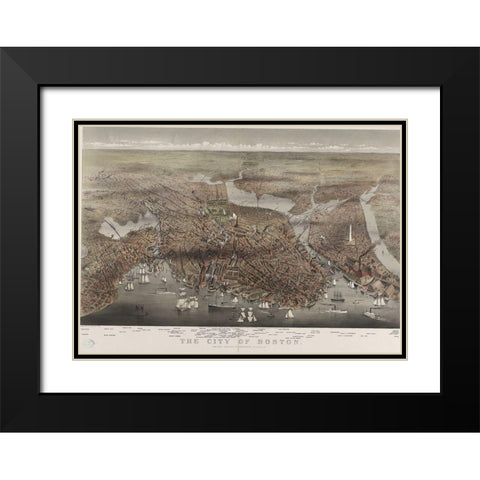 City of Boston Black Modern Wood Framed Art Print with Double Matting by Currier and Ives