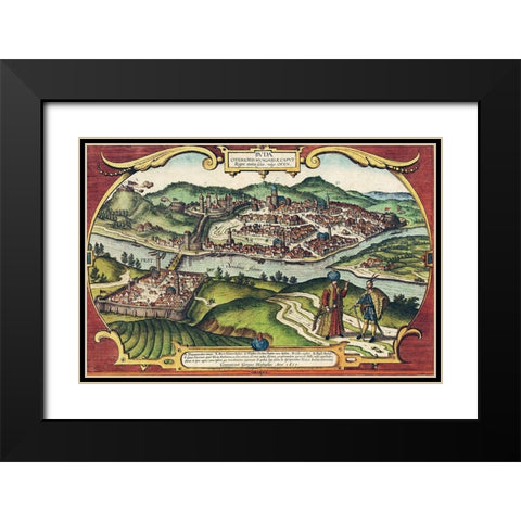 Buda Hungary Black Modern Wood Framed Art Print with Double Matting by Hogenberg, Braun
