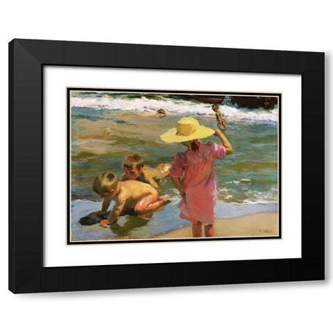 Children at the Seashore Black Modern Wood Framed Art Print with Double Matting by Sorolla, Joaquin