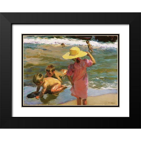 Children at the Seashore Black Modern Wood Framed Art Print with Double Matting by Sorolla, Joaquin