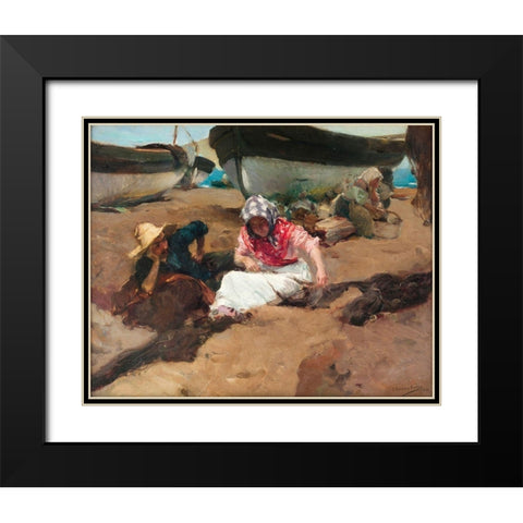Mending the Nets Black Modern Wood Framed Art Print with Double Matting by Sorolla, Joaquin