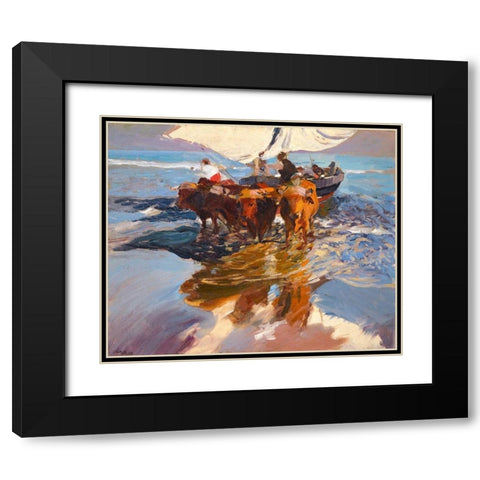 Fishing Boats Valencia Beach Black Modern Wood Framed Art Print with Double Matting by Sorolla, Joaquin