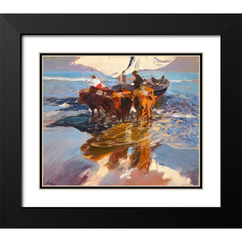 Fishing Boats Valencia Beach Black Modern Wood Framed Art Print with Double Matting by Sorolla, Joaquin