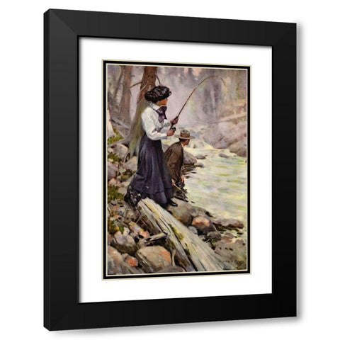 Lady Fishing from The Greater Power 1909 Black Modern Wood Framed Art Print with Double Matting by Dunton, William