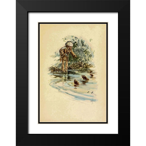 Indian and otters from The Song of Hiawatha 1906 Black Modern Wood Framed Art Print with Double Matting by Fisher, Harrison