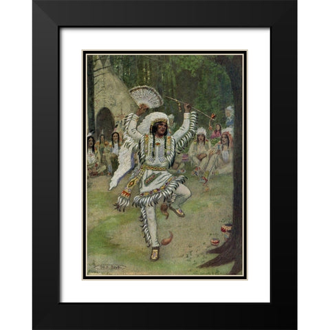 He began his mystic dances from Story of Hiawatha 1910 Black Modern Wood Framed Art Print with Double Matting by Kirk, Maria