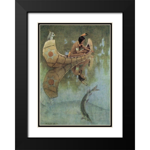 Take my bait oh king of fishes from Story of Hiawatha 1910 Black Modern Wood Framed Art Print with Double Matting by Kirk, Maria