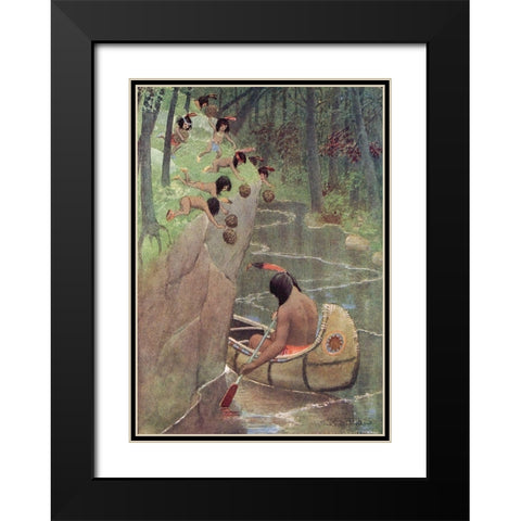 They hurled down pinecones from Story of Hiawatha 1910 Black Modern Wood Framed Art Print with Double Matting by Kirk, Maria