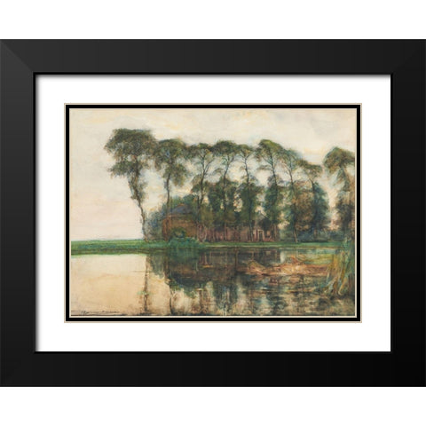 Farmstead along the water screened by nine tall trees Black Modern Wood Framed Art Print with Double Matting by Mondrian, Piet