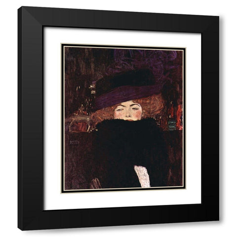 Dame mit Hut und Federboa Black Modern Wood Framed Art Print with Double Matting by Klimt, Gustav