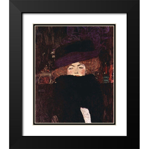 Dame mit Hut und Federboa Black Modern Wood Framed Art Print with Double Matting by Klimt, Gustav